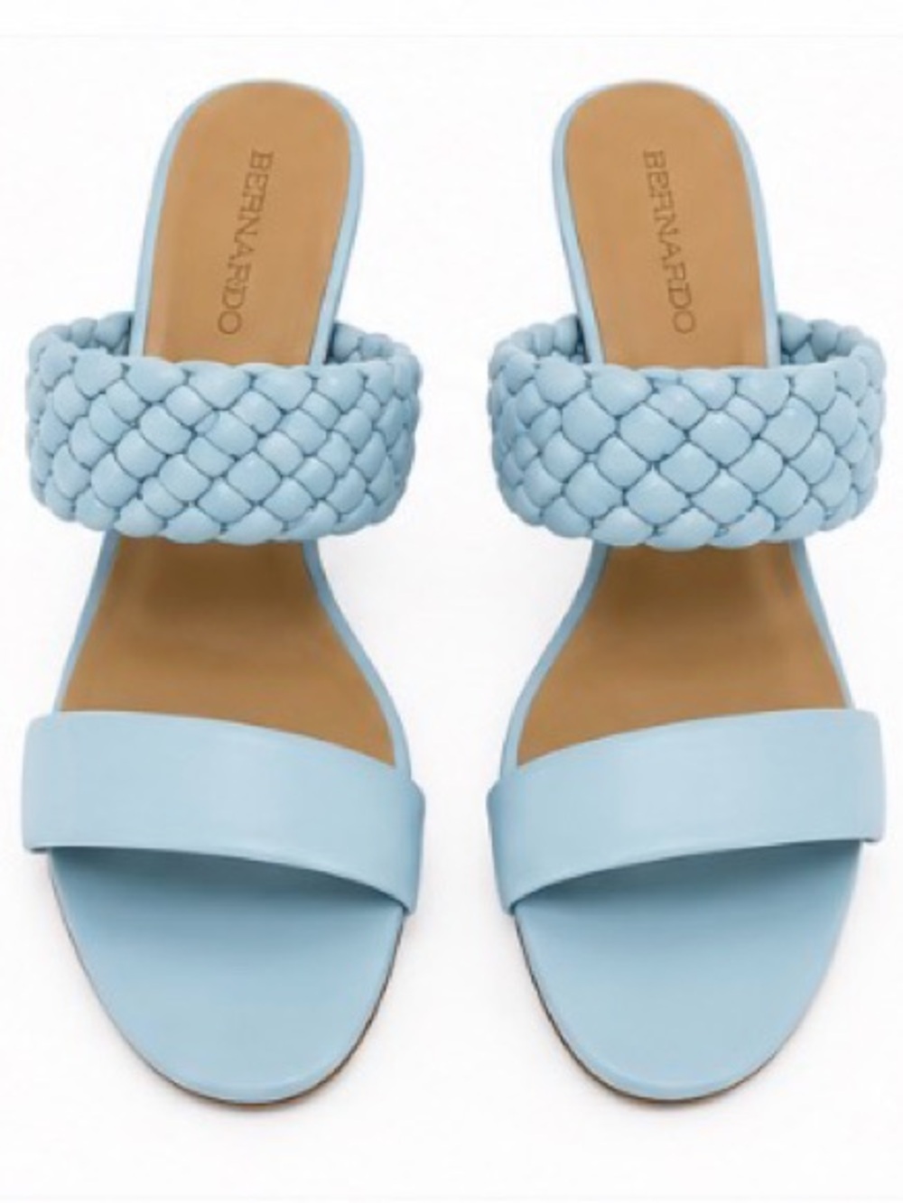 Bernardo Nyomi Sky Blue Leather Woven Braided Mid Heel Sandals Size 10 NWOB